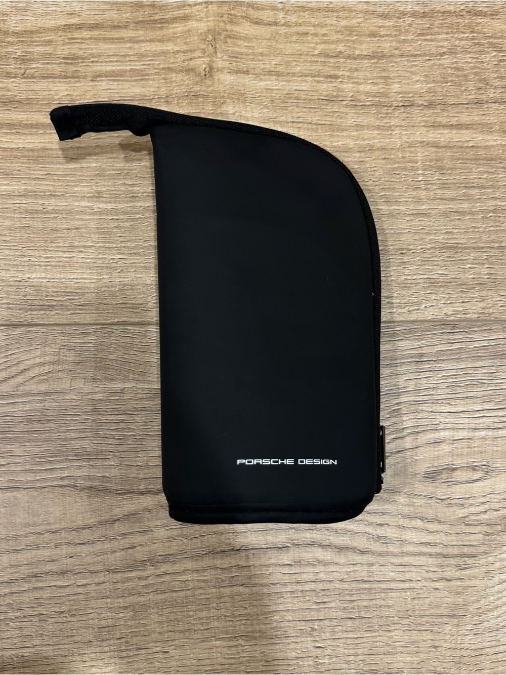 Porsche Design black sleek travel sunglass cosmetic makeup bag zipper silver